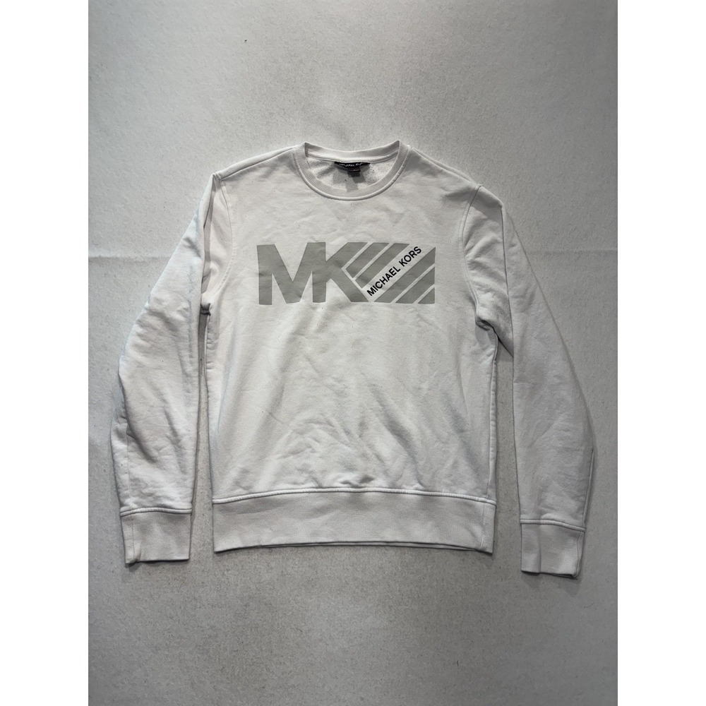 Michael Kors Sweatshirt Mens Small White Fleece Crew Neck MK Logo Pullover